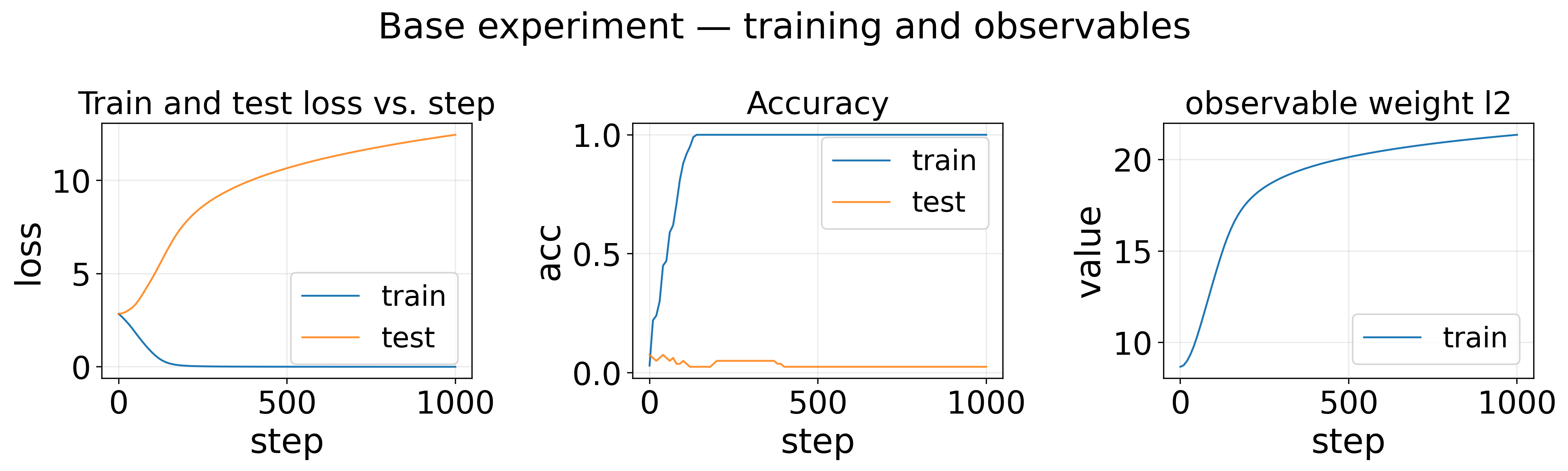 Base experiment — training and observables
