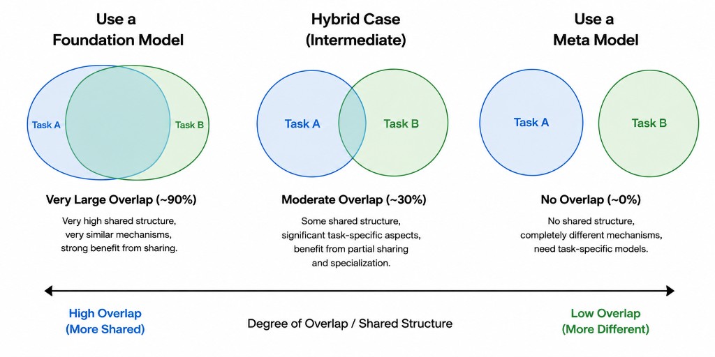 Degree of Overlap / Shared Structure: Foundation Model vs Hybrid vs Meta Model
